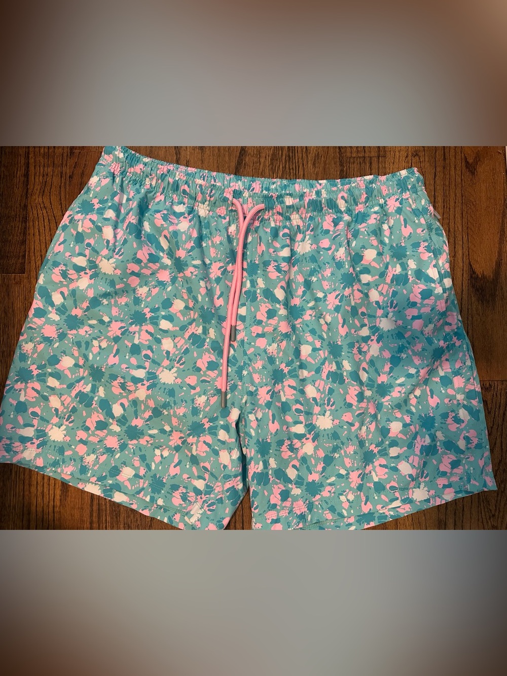The Southern Shirt Company Teal Swim Trunks with Pink and White Splatter